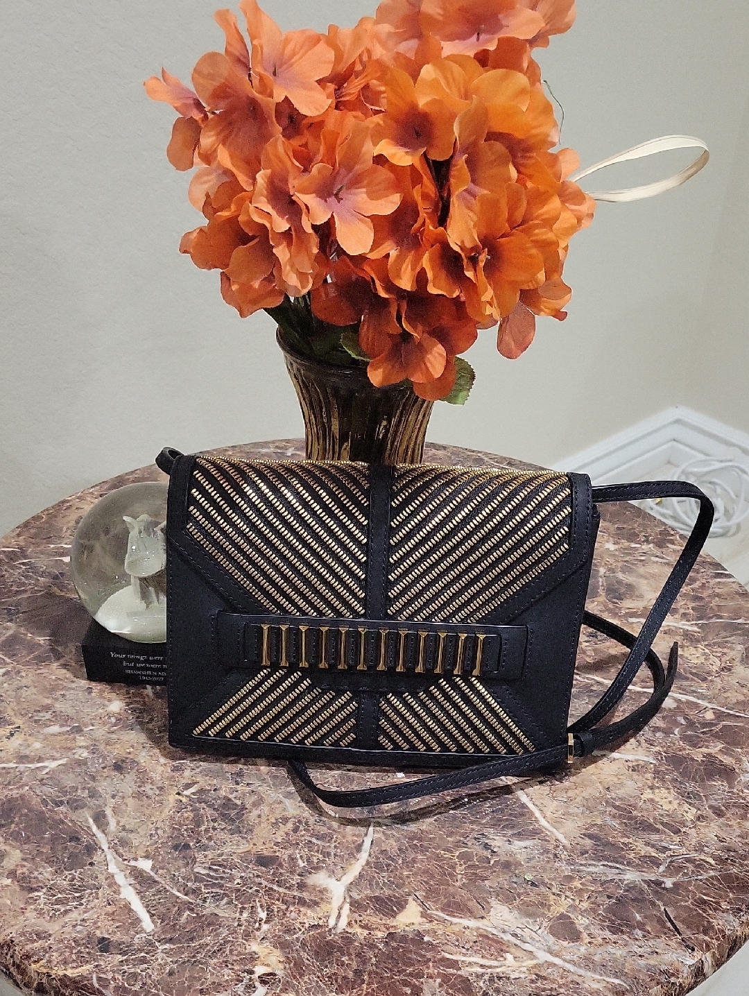 Mcm Black Crossbody Bag With Gold Chevron Accent